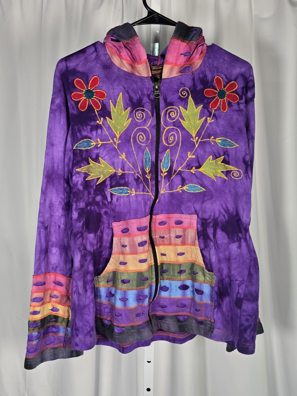Rising International XL Hoodie Tie Dye Boho Embroidered Razor Cut Full Zip